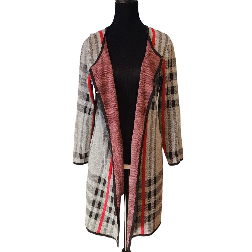 Anne Klein Long Plaid Cardigan Jacket Medium